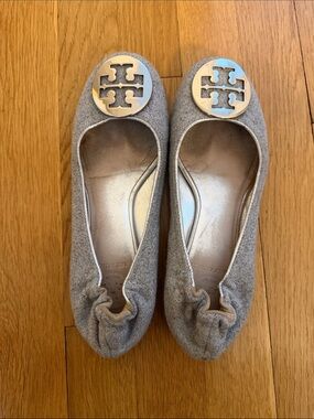 Tory Burch Light Gray Suede Logo Ballet Flats